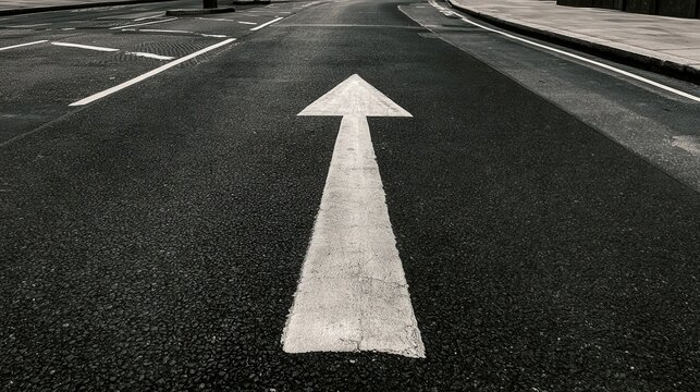 Straight Ahead: A bold white arrow painted on asphalt points forward, symbolizing direction, progress, and a clear path ahead.