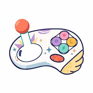 Flat vector die-cut sticker of a retro arcade joystick game controller with colorful buttons and stars on white background