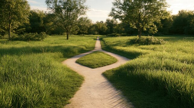 Fork in the Path: Two distinct walking paths converge and diverge in a sun-drenched grassy field, surrounded by mature trees, offering a moment of contemplation on choices and directions.