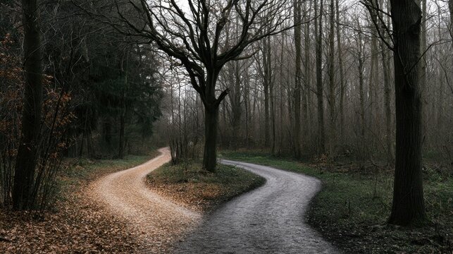 Crossroads in the Forest: A solitary tree stands at a divergence in a winding forest path, one way illuminated by a soft, golden light, the other shrouded in cool, autumnal mist.