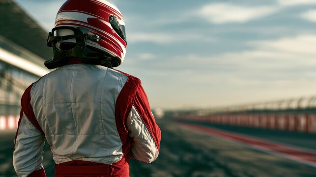 The Race Ahead: A determined race car driver in a red and white suit and helmet stands at the edge of a racetrack, looking towards the horizon. The checkered flag finish line beckons under a vast.