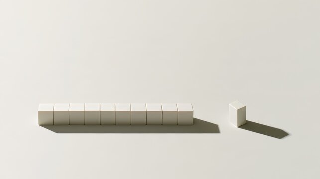 Isolated Blocks: A clean and minimalist composition featuring a line of uniform, pale cubes juxtaposed with a single, separate cube, casting subtle shadows on a neutral surface.