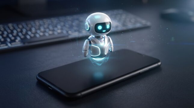 A small cute white robot hovers above a smartphone on a dark desk with a keyboard behind it