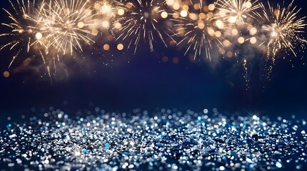 Fototapeta premium Festive celebration background with bright golden fireworks bursting in the dark sky above a sparkling blue glitter surface for holiday events