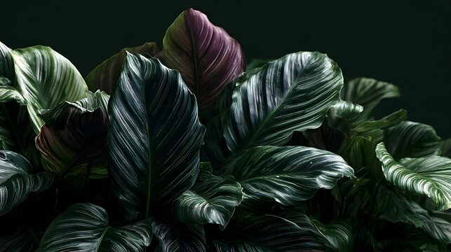 A lush cluster of tropical plants with deep green leaves and subtle purple undertones  set against a dark background