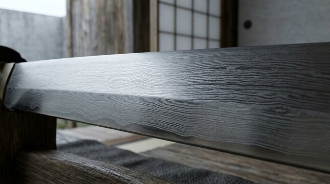 折り返し鍛錬された日本刀の玉鋼の地鉄テクスチャ / Macro close-up of Japanese katana tempered steel blade