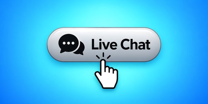 Live chat button with click cursor and speech bubble icon, online customer support concept on blue background