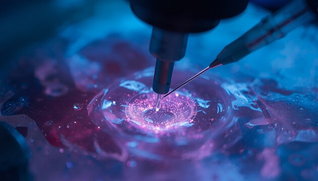 Advanced ICSI Procedure in IVF Laboratory Using Micromanipulator and Injection Needle for Embryo Fertilization, Assisted Reproduction, Infertility Treatment and Biotechnology