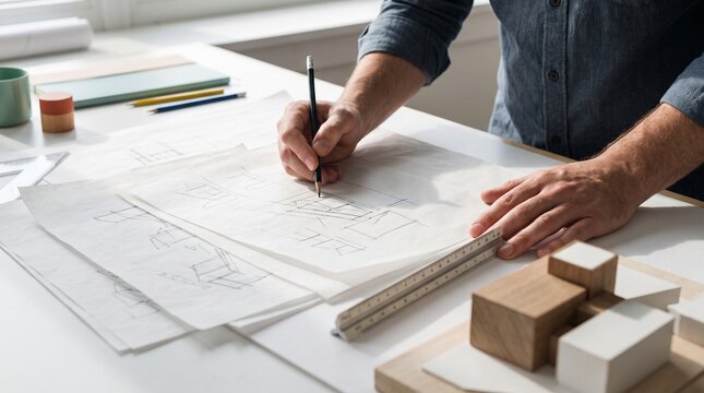 Architect sketching building concept, Architectural drawing and design process, Netherlands architecture profession workspace, Creative planning with tracing paper, Building project development