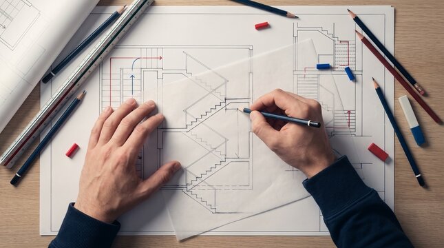 Architect drawing staircase design, Stair plan and section development, Netherlands architecture profession workflow, Vertical circulation planning process, Technical architectural drawing
