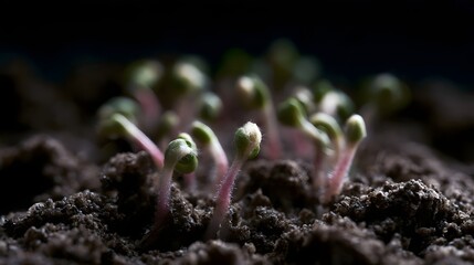 Naklejka premium Tiny green seedlings emerging from dark soil with delicate stems and soft focus background