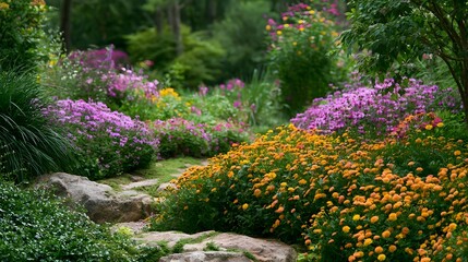 Naklejka premium A vibrant garden path winds through lush greenery and colorful flowering plants under soft natural light