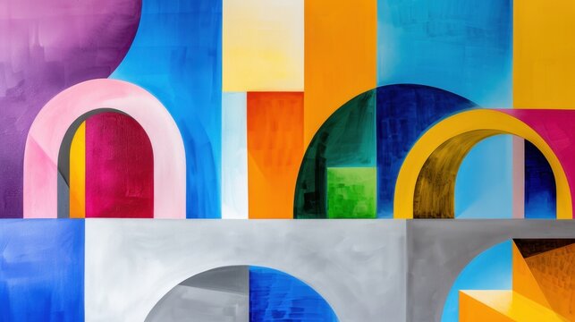 Colorful Abstract Geometry with Arches and Vibrant Sections in Modern Art Style