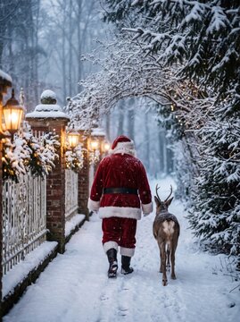Weihnachtsmann spaziert mit Rentier durch verschneiten Winterwald im warmen Laternenlicht