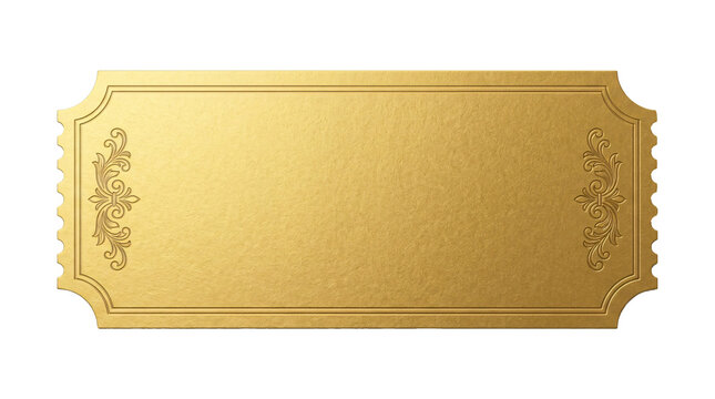 Elegant vintage gold ticket stub decorated with ornate corner flourishes isolated on transparent background