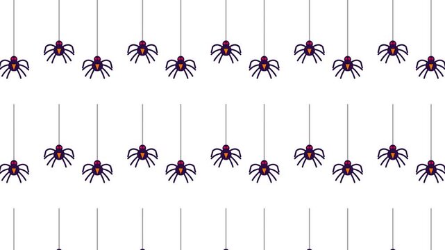 Hanging spiders animation pattern, spooky Halloween spiderweb cartoon motion background, creepy arachnid graphic design loop