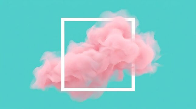 Abstract Pink Smoke Cloud Inside a White Square Frame on a Vibrant Turquoise Background for Modern Minimalist Graphic Design and Creative Projects
