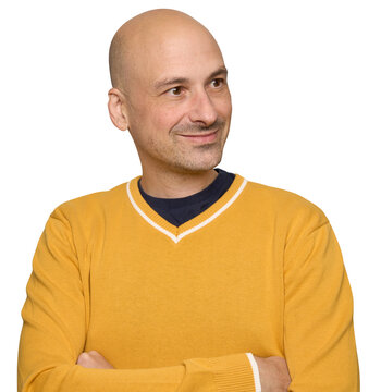 smiling bald man is looking away. Isolated