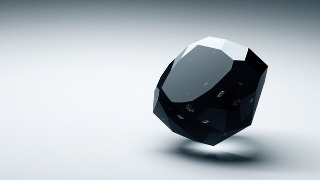 Dark faceted object floats above surface. Minimalist studio lighting creates dramatic shadows, highlighting geometric form. Clean presentation.