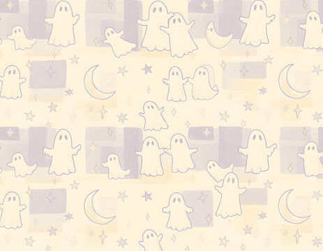 Cute pastel Halloween seamless pattern with friendly little ghosts and crescent moons on a soft yellow background