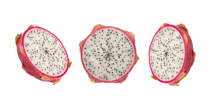 Three halved dragon fruits with white flesh and transparent seeds isolated on transparent background