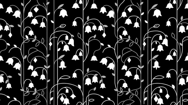 Monochrome black and white bell flowers and vertical vines seamless pattern