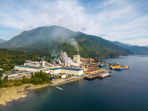 Port Mellon, British Columbia, Canada - September 9, 2026: An aerial view of the Howe Sound Pulp and Paper mill in Port Mellon, British Columbia.
Aerial Pulp and Paper Mill Howe Sound British Columbia