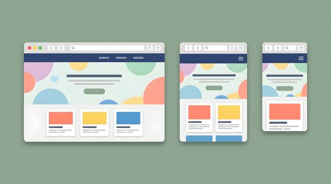 Responsive website user interface design templates for various screen sizes including desktop and mobile browsers with colorful abstract vector layout