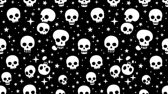 Spooky black and white Halloween skulls and glowing stars seamless pattern background 