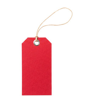 Red blank cardboard price tag hanging with string on transparent background