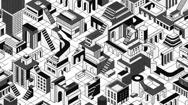 Surreal monochrome isometric architecture pattern photo with stairs and buildings on white background