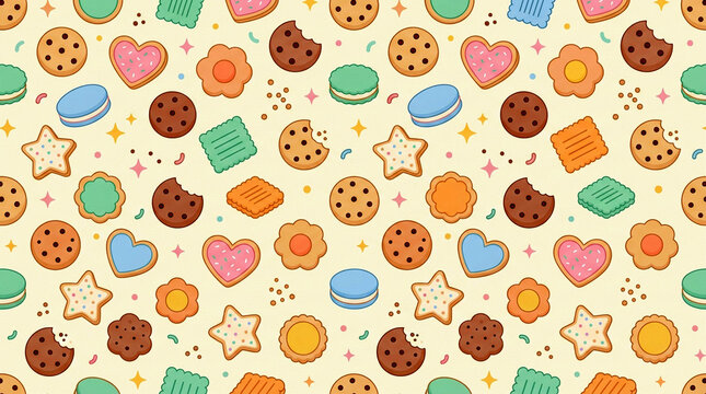 Sweet cookies, biscuits, and macarons seamless pattern photo for bakery background