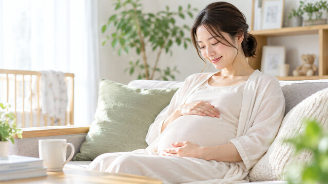 自宅でお腹に手を添える妊娠中の日本人女性