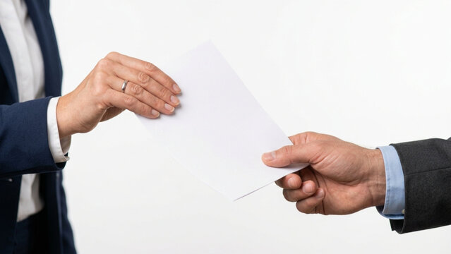 Business professional handing over a blank white document to a colleague
