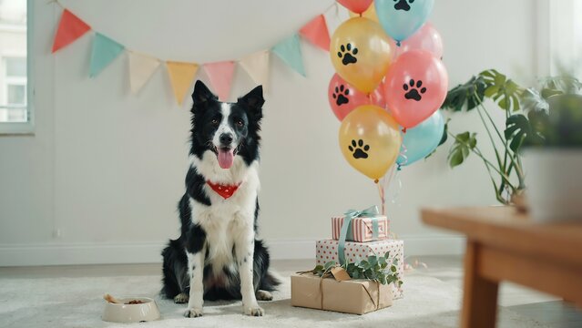 Border Collie sitting indoors with paw-print balloons, colorful banner and gift boxes, bright natural light