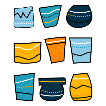 Collection of nine colorful decorative plant pots featuring geometric shapes, striped patterns, curved lines, and bold black outlines in blue, teal, navy, yellow, and orange.