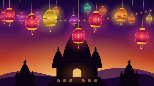 Glowing Hanging Lanterns Over Temple Silhouette at Dusk Festive Background