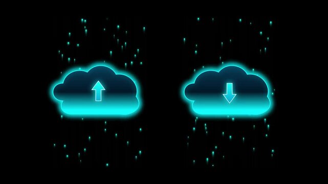 Two glowing cloud icons with upward and downward arrows represent data transfer or cloud storage concepts in a digital interface.