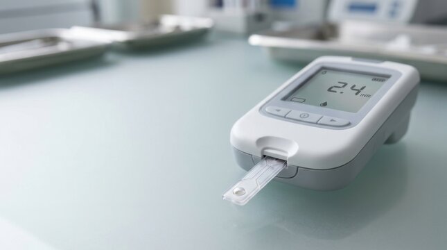Point of care coagulation analyzer pt inr meter with microcuvette test strips on clinic desk