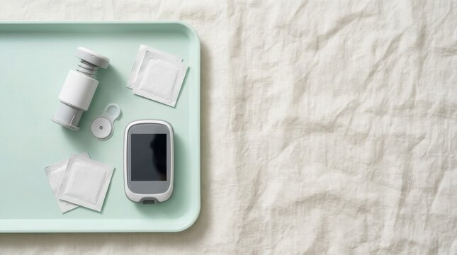 Continuous glucose monitor cgm kit with applicator sensor patch and handheld reader on clinic tray