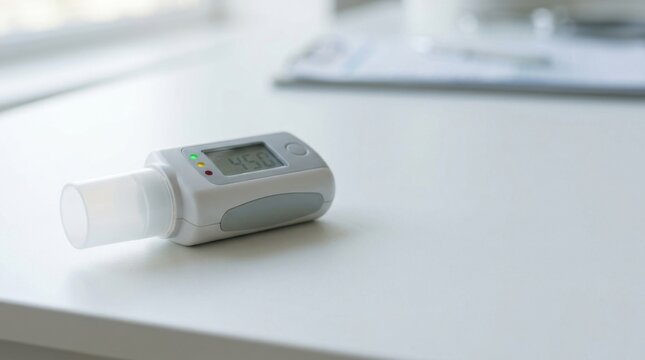 Digital peak flow meter with color coded led zone indicators on white clinic desk