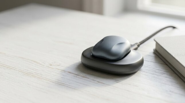Ergonomic smart posture spine alignment biofeedback tracker on magnetic dock on wooden desk