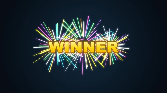 A glowing 'winner' text surrounded by colorful fireworks bursts in a celebratory explosion design.