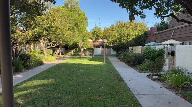 A quiet townhouse courtyard on a sunny afternoon with a green lawn, concrete walkways, flowering trees, garden shrubs, a lamp post and patio umbrellas in a residential community in Los Angeles.