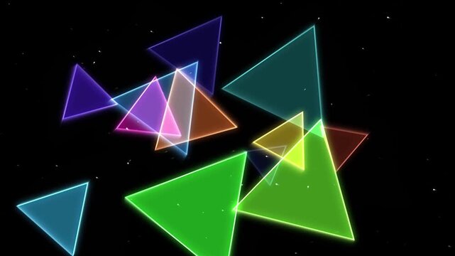 Colorful transparent triangles arranged in a dynamic cluster against a dark cosmic background with twinkling dots.