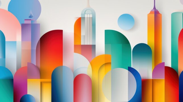 Vibrant Abstract Cityscape Digital Illustration Featuring Geometric Shapes and Colorful Design Elements