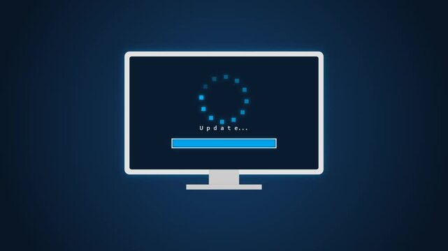 Illustrated computer screen showing a system loading animation with a rotating dashed circle and progress bar for digital applications.