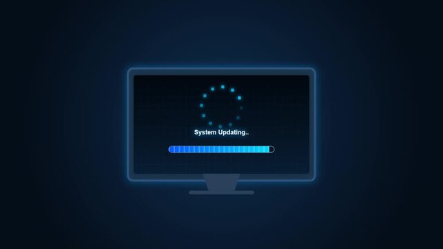 Computer monitor displaying a loading animation with a dashed circle and progress bar for software interface design.