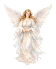 Fototapeta premium PNG Elegant watercolor angel with flowing gown and wings.