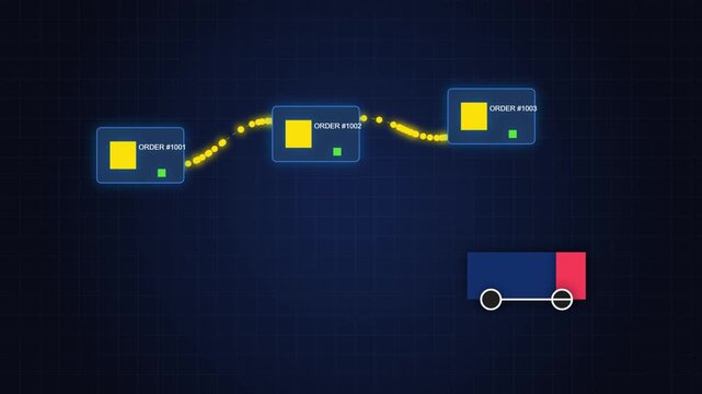 Flat design icons of interconnected yellow boxes linked by dotted lines with a red delivery truck on a dark background.